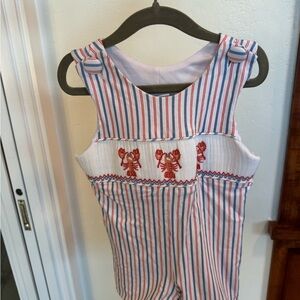 Charming Striped Kids Overalls with Lobster Embroidery